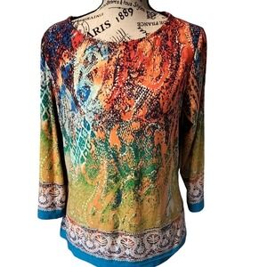 Investments Women L Colorful Scoop Neck Abstract Print 3/4 Sleeve Top Blue Trim